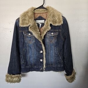 Papaya Y2K Vintage Medium Dark Wash Denim Jacket with Faux Fur Trim Button Up